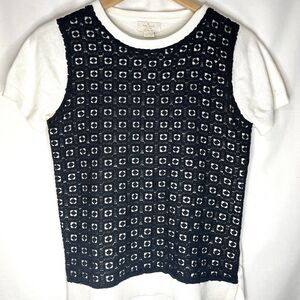Kate‎ Spade Short-Sleeve Knit Cream Ivory Sweater Black Lace Front Crew Neck L